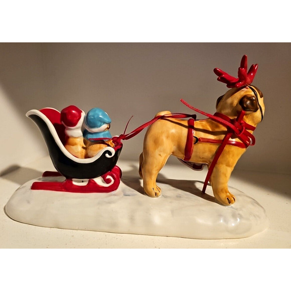 Blue Sky Clayworks CHRISTMAS English Bulldog Pulling Sled Of Puppies. RARE. - Picture 2 of 2
